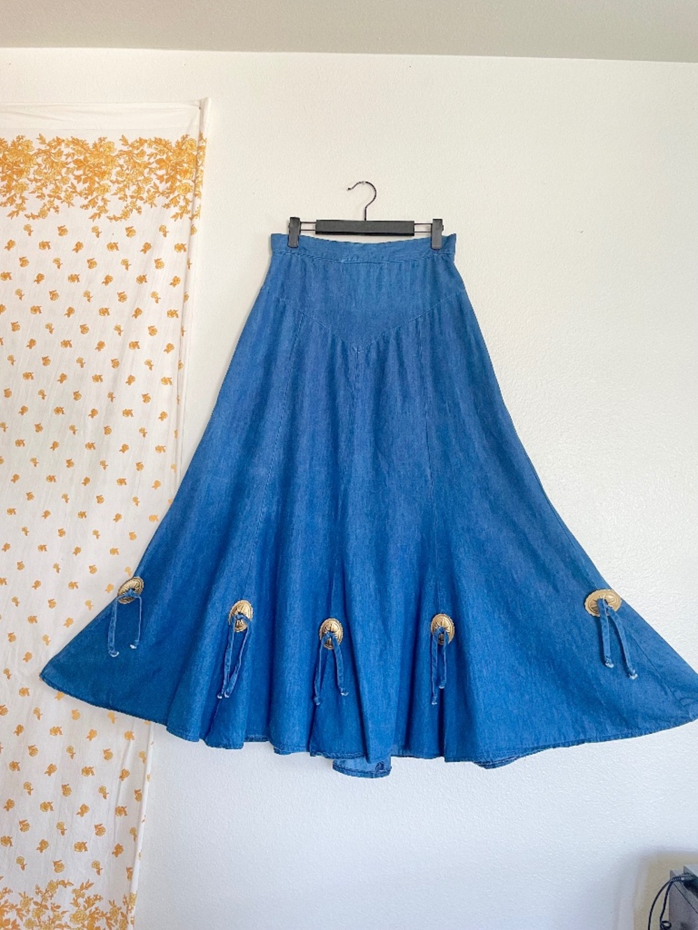Vintage Denim Maxi Skirt Sai’sa USA Western Concho 9/10